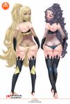  2girls artist_name ass ass_grab ass_support back bare_shoulders black_hair blonde_hair bodystocking butt_crack celine_(fire_emblem) character_name copyright_name cosplay crazzeffect detached_sleeves facial_mark fire_emblem fire_emblem_engage fire_emblem_fates forehead_mark from_behind full_body grabbing_own_ass green_eyes hands_on_ass hands_on_own_ass highres long_hair looking_at_viewer looking_back multiple_girls nyx_(fire_emblem) ponytail red_eyes see-through simple_background smile thighhighs veil very_long_hair wavy_hair white_background 