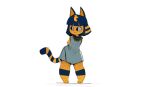  2020 :&lt; animal_crossing ankha_(animal_crossing) anthro bangs biped black_eyes blue_body blue_hair blunt_bangs bob_cut clothed clothing digital_media_(artwork) digitigrade domestic_cat dress eyeliner felid feline felis female hair hands_behind_back jewelry looking_aside makeup mammal markings necklace nintendo simple_background solo standing striped_markings striped_tail stripes tail tail_markings thick_calves uraeus white_background white_clothing white_dress wide_hips yellow_body zigstripes 