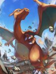  absurdres charizard claws commentary_request day fangs fangs_out green_eyes highres looking_back no_humans outdoors pokemon pokemon_(creature) ririri_(user_rkrv7838) rock sky solo 