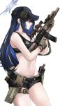  1girl assault_rifle bare_shoulders baseball_cap black_headwear black_shirt blue_archive blue_eyes blue_hair breasts camouflage cleavage closed_mouth collarbone commentary cowboy_shot geissele_urg-i gloves groin gun halo hat headphones highres holding holding_gun holding_weapon holster long_hair m4_carbine medium_breasts midriff navel pz-15 rifle saori_(blue_archive) shirt simple_background sleeveless sleeveless_shirt solo standing thigh_holster thighs trigger_discipline weapon white_background 