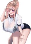  1girl absurdres alikap arm_up blonde_hair blush bra_visible_through_clothes breasts buruma commentary_request exercise exhausted gym_uniform hand_on_own_forehead hand_on_own_thigh highres hot huge_breasts leaning_forward long_bangs looking_at_viewer open_mouth original pink_eyes ponytail see-through shirt sidelocks simple_background sportswear sweaty_clothes wet wet_clothes wet_shirt white_background 