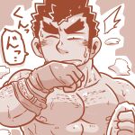  1boy bara chest_hair deformed fingerless_gloves forked_eyebrows gloves goatee_stubble huge_eyebrows lucasuke male_focus monochrome muscular muscular_male nipples pectorals short_hair sideburns sideburns_stubble solo steam sweat takabushi_kengo tokyo_afterschool_summoners translation_request upper_body very_sweaty wiping_sweat 