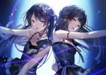  2girls armpits back-to-back bare_shoulders black_armband black_hair blue_background blue_dress blue_eyes blue_hair blue_ribbon blue_sash blush breasts brown_eyes cleavage collarbone dress earrings feather_hair_ornament feathers flat_chest gradient_background hair_ornament hair_ribbon hand_up hanusu highres idolmaster idolmaster_(classic) idolmaster_million_live! idolmaster_million_live!_theater_days jewelry kisaragi_chihaya layered_skirt long_hair looking_at_viewer medium_breasts mogami_shizuka multiple_girls necklace open_mouth plaid plaid_dress reaching ribbon ribbon-trimmed_clothes ribbon_trim sash skirt sleeveless sleeveless_dress smile upper_body 