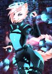  anthro black_clothing blue_clothing blue_eyes bodysuit claws clothing cyberpunk drone felid feline female fur glowing halo hi_res liloli_(artist) machine mammal neon neon_colors ribbons robot scar skinsuit smile solo spacesuit spikes tape tight_clothing tongue tongue_out white_body white_fur 