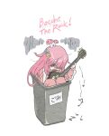  1girl bim0ngsam0ng bocchi_the_rock! commentary copyright_name cube_hair_ornament electric_guitar english_commentary full_body gibson_les_paul gotoh_hitori guitar hair_ornament holding holding_instrument in_trash_can instrument jacket long_hair looking_down mushroom_on_head music musical_note one_side_up open_mouth pants pink_hair pink_jacket pink_pants playing_instrument simple_background sitting solo track_jacket trash_can turn_pale white_background 