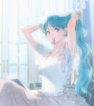  1girl adjusting_hair aqua_eyes aqua_hair blurry book depth_of_field door dress frilled_dress frills galpi hair_ribbon hands_in_hair highres little_lady_mint long_hair looking_afar mint_(little_lady_mint) mouth_hold red_ribbon ribbon ribbon_in_mouth solo upper_body white_dress 