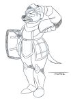  2023 anthro armor clothing female fur headgear helmet hi_res hyena jaqueline_(panzerschreckleopard) knifesharpener_(artist) line_art mammal mature_female melee_weapon plate_armor purple_clothing sallet shield solo spotted_hyena sword weapon 