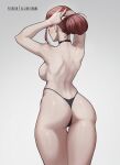  1girl aelion_draws aliyah_(aelion) ass back bare_back blush breasts choker curvy english_commentary eyelashes from_behind hair_tie highres medium_breasts original panties patreon_username plump red_hair shoulder_blades sideboob sweat thick_thighs thighs thong toned topless tying_hair underwear 