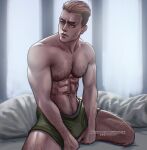  1boy abs bara bed boxer_briefs brown_hair chest_hair closed_mouth green_male_underwear large_pectorals male_focus male_underwear muscular muscular_male navel navel_hair nipples on_bed patreon_username pectorals porco_galliard shingeki_no_kyojin short_hair solo twitter_username underwear urielbeaupre15 
