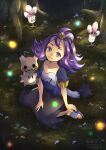  1girl :3 acerola_(pokemon) armlet blue_dress closed_mouth commentary_request dress eyelashes flip-flops flipped_hair grass grey_dress hair_ornament hairclip highres medium_hair mimikyu morelull multicolored_clothes multicolored_dress night outdoors pokemon pokemon_(game) pokemon_sm purple_eyes purple_footwear purple_hair sandals short_sleeves sitting smile stitches toes topknot torn_clothes torn_dress tree yomogi_(black-elf) 