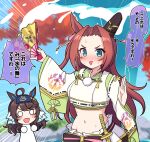  2girls @_@ alternate_costume animal_ears bath black_hair blue_eyes blurry commentary_request daring_tact_(umamusume) detached_sleeves emphasis_lines folding_fan forehead hand_fan highres horse_ears horse_girl japanese_clothes katana kawakami_princess_(umamusume) midriff multiple_girls open_mouth red_hair sweat sword takiki translation_request umamusume water weapon 