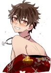  1boy bare_shoulders blush brown_hair commentary_request ensemble_stars! hair_between_eyes highres jewelry looking_at_viewer male_focus morisawa_chiaki nago_0313 necklace official_alternate_costume red_eyes short_hair simple_background smile solo teeth upper_body water_drop white_background 