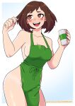  1girl :d absurdres apron areola_slip blush_stickers boku_no_hero_academia breasts bright_pupils brown_hair coffee_cup cowboy_shot cup dashi disposable_cup fingernails green_apron highres holding holding_cup holding_marker iced_latte_with_breast_milk_(meme) marker medium_breasts meme nail_polish naked_apron patreon_username red_nails short_hair smile solo tan tanlines teeth upper_teeth_only uraraka_ochako web_address white_pupils 