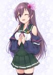  1girl adapted_costume black_thighhighs blue_jacket breasts brown_hair green_skirt highres jacket kantai_collection kisaragi_(kancolle) long_hair medium_breasts minosu off_shoulder one_eye_closed original_remodel_(kantai_collection) purple_eyes school_uniform serafuku shirt skirt sleeveless sleeveless_shirt smile solo standing steepled_fingers thighhighs white_shirt 