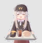  1girl ^_^ alternate_costume black_headwear black_shirt blush_stickers brown_skirt closed_eyes commentary cup dot_nose drinking_glass facing_viewer food french_fries grey_background grey_hair gustavo_schuler hair_between_eyes highres holding holding_tray long_hair long_sleeves nervous onii-chan_wa_oshimai! oyama_mahiro shirt sidelocks simple_background skirt solo sweat sweating_profusely tray trembling upper_body wcdonalds 