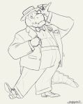  anthro belly boater_hat bottomwear boutonniere bow_tie classy clothing coat crocodile crocodilian crocodylid cuff_links cuffs_(clothing) dress_shirt dress_shoes gentleman hat headgear headwear hi_res male overweight overweight_anthro overweight_male pants papyreit pocket_square raised_foot reptile scalie shirt smile solo suit suspenders tail teeth tipping_hat topwear 