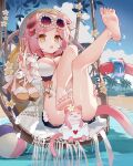  1girl animal_ears arknights ball barefoot beach beachball braid breasts chair cleavage cloud dog_ears dog_girl dog_tail dorsiflexion eyewear_on_head feet feet_up flower goldenglow_(arknights) goldenglow_(summer_flowers)_(arknights) hat highres holding holding_clothes holding_footwear large_breasts legs letter looking_at_viewer open_mouth outdoors palm_tree pink_hair pink_tail samele_otaku short_hair shorts sitting sky soles solo summer sun_hat swimsuit tail toes tree v water yellow_eyes 