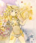 1girl 7mmnote ahoge blonde_hair bodystocking breasts bridal_gauntlets fire_emblem fire_emblem_fates highres long_hair looking_at_viewer medium_breasts ophelia_(fire_emblem) star_(symbol) swept_bangs traditional_media 