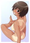  1girl arm_support artist_name ass azumanga_daioh back bare_back bikini_tan blush breasts brown_eyes brown_hair commentary completely_nude crossed_ankles dark-skinned_female dark_skin dimples_of_venus from_behind from_side gradient_background grin hair_between_eyes hand_on_own_ankle highres kagura_(azumanga_daioh) kouda_tomohiro large_breasts looking_at_viewer looking_back nude on_ground one-piece_tan outside_border purple_background short_hair shoulder_blades sideboob sitting smile solo tan tanlines tomboy twitter_username white_background 