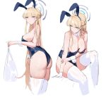  1girl absurdres animal_ears ass bag blonde_hair blue_archive blue_eyes blue_leotard breasts cleavage fake_animal_ears halo highres holding holding_bag hyou_(2664286753) large_breasts leotard long_hair looking_at_viewer multiple_views official_alternate_costume playboy_bunny rabbit_ears simple_background sitting sketch thighhighs toki_(blue_archive) toki_(bunny)_(blue_archive) white_background white_thighhighs 