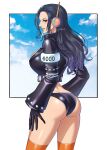  1girl arm_rest armlet artist_name ass bell_sleeves bikini black_bikini black_border black_gloves black_jacket blue_sky border cloud cloudy_sky crop_top ear_covers from_side gloves highres jacket long_hair long_sleeves looking_at_viewer looking_to_the_side midriff nico_robin one_piece orange_thighhighs outside_border parted_lips profile sideways_glance sideways_mouth signature sky solo standing studded studded_sleeves swimsuit thighhighs youkan_(tako) 