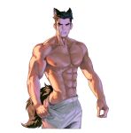 1boy abs absurdres animal_ears bara black_hair clenched_teeth dog_boy dog_ears dog_tail grey_pants highres large_pectorals male_focus muscular muscular_male nanyu1998 navel nipples original pants pectorals red_eyes short_hair simple_background solo tail teeth topless_male white_background 