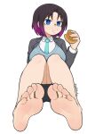  1girl aqua_necktie barefoot black_jacket blue_eyes blue_vest brown_hair closed_mouth collared_shirt commentary eating elma_(maidragon) feet food food_on_face foot_focus gradient_hair highres holding holding_food jacket knees_up kobayashi-san_chi_no_maidragon long_sleeves looking_at_viewer multicolored_hair necktie office_lady on_ground pencil_skirt purple_hair round_eyewear semi-rimless_eyewear shirt skirt softhanten soles solo streaked_hair toes twitter_username vest white_shirt 