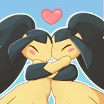  &lt;3 2023 ambiguous_gender bangs black_body black_hair black_skin blue_background blush duo embrace eyes_closed generation_3_pokemon gloves_(marking) hair hair_mouth hi_res hug humanoid markings mawaifu mawile nintendo outline parted_bangs pokemon pokemon_(species) pseudo_hair simple_background white_outline yellow_body yellow_skin 