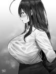  1girl ahoge breasts collared_shirt curvy from_side hair_between_eyes highres huge_breasts jacket lips long_hair long_sleeves monochrome oekakizuki office_lady original pencil_skirt see-through see-through_shirt senpai_(oekakizuki) shirt skirt standing undressing upper_body wet wet_clothes wet_shirt white_shirt 