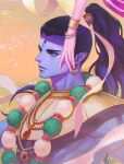  1boy armlet bead_necklace beads blue_skin bracelet colored_skin cropped_arms earrings gem gorget green_eyes hand_on_another&#039;s_face jewelry light_particles long_hair looking_to_the_side male_focus muscular muscular_male necklace o_c_x parvati_(shin_megami_tensei) pink_skin pointy_ears ponytail red_gemstone ribbon shin_megami_tensei shin_megami_tensei_ii shiva_(megami_tensei) solo third_eye yellow_nails 