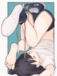  1girl 1ssakawaguchi barefoot black_hair blush closed_eyes full_body highres navel original shirt shoes short_hair short_shorts shorts single_shoe sneakers soles solo t-shirt toes two-tone_background untied_footwear upside-down white_shirt 