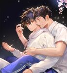  2boys black_hair black_sky blue_pants cherry_blossoms closed_mouth collared_shirt dokuga dorohedoro eye_tattoo falling_petals feet_out_of_frame hand_in_another&#039;s_hair hood hoodie hug hug_from_behind male_focus multiple_boys open_mouth orange_eyes panco pants petals shirt short_hair short_sleeves sideburns signature sky tetsujo white_hoodie white_shirt yaoi 