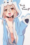  1girl :d absurdres animal_costume animal_hands blonde_hair blush breasts brown_eyes collarbone commentary gloves hair_between_eyes heart highres long_hair looking_at_viewer navel no_bra no_panties onesie onii-chan_wa_oshimai! open_mouth oyama_mahiro paw_gloves rokochandayo small_breasts smile solo trick_or_treat unzipped wolf_costume wolf_hood 