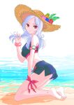  1girl armlet barefoot beach bikini bikini_skirt black_bikini blueberry bracelet brown_headwear closed_mouth commentary day eas flower food fresh_precure! from_side frown fruit fruit_hat_ornament full_body grey_hair hand_in_own_hair hat hibiscus highres jewelry jj_(ssspulse) kneeling leg_ribbon long_hair looking_at_viewer ocean outdoors peach pineapple precure red_eyes red_flower ribbon sky solo sparkle straw_hat sun_hat swept_bangs swimsuit thigh_ribbon white_sky 