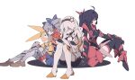  3girls bb-channel bow braid bronya_zaychik closed_eyes friends grey_hair hair_ornament hairband homu_(honkai_impact) honkai_(series) honkai_impact_3rd joints kiana_kaslana mechanical_legs multiple_girls object_hug ponytail purple_hair raiden_mei robot_joints shadow shoes short_twintails simple_background sitting star_(symbol) star_hair_ornament twin_braids twintails white_background white_hair 