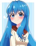  1girl absurdres blue_eyes blue_hair blue_ribbon blush closed_mouth collared_dress dress happinesscharge_precure! heart highres long_hair looking_at_viewer mujin_(mujinzairaisen) neck_ribbon pikarigaoka_middle_school_uniform portrait precure ribbon school_uniform shirayuki_hime smile solo white_dress 