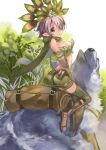  1girl ass belt boots breasts brown_belt brown_footwear cleavage commentary_request full_body gloves grass green_gloves green_scarf green_shorts green_thighhighs green_tube_top headdress light_purple_hair looking_at_viewer looking_back medium_breasts okishiji_en open_mouth pouch ragnarok_online ranger_(ragnarok_online) riding saddle scarf short_hair shorts solo strapless thighhighs tube_top twisted_torso wolf yellow_eyes 