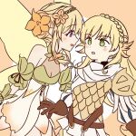  2girls armor bare_shoulders blonde_hair blush brown_gloves dress fairy_wings fire_emblem fire_emblem_heroes flower fukui gloves green_eyes hair_flower hair_ornament long_hair looking_at_another multiple_girls open_mouth peony_(fire_emblem) purple_eyes sharena_(fire_emblem) sleeveless sleeveless_dress wings 