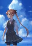  1girl akigumo_(kancolle) bike_shorts bike_shorts_under_skirt black_shorts black_skirt blue_sky brown_hair cloud collared_shirt cosplay cowboy_shot day gloves green_eyes grey_vest hair_ribbon haruka_faraway716 highres kantai_collection long_hair miniskirt neck_ribbon pleated_skirt ponytail red_ribbon ribbon school_uniform shiranui_(kancolle) shiranui_(kancolle)_(cosplay) shirt short_sleeves shorts shorts_under_skirt skirt sky solo standing very_long_hair vest white_gloves white_shirt 