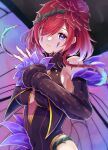  1girl bare_shoulders black_background blue_eyes breasts butterfly_wings cleavage cowboy_shot detached_sleeves dress facial_mark fairy_wings fire_emblem fire_emblem_heroes flower hair_flower hair_ornament hair_over_one_eye hair_vines highres large_breasts looking_at_viewer plant purple_hair simple_background solo thorns triandra_(fire_emblem) vines wings yoshiki1020 