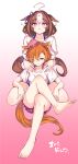  2girls ;) animal_ears blue_bra blue_shorts blush bra breasts brown_hair brown_tail crossed_legs crown feet gradient_background hamao highres horse_ears large_breasts looking_at_viewer meisho_doto_(umamusume) multiple_girls one_eye_closed orange_hair orange_tail pink_bra pink_shorts shirt short_hair shorts sitting small_breasts smile t.m._opera_o_(umamusume) umamusume underwear white_shirt 