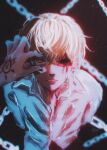  1boy black_nails blonde_hair blood blood_on_face bound chain collared_shirt dark_background from_above hair_between_eyes highres hunter_x_hunter kurapika kuronaken1 long_sleeves male_focus one_eye_closed parted_lips red_background red_eyes shirt short_hair simple_background solo tied_up_(nonsexual) twitter_username white_shirt 