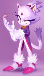  1girl absurdres animal_ears blaze_the_cat cat_ears cat_tail eyelashes fire forehead_jewel full_body furry furry_female gloves high_heels highres knockabiller purple_background pyrokinesis smile solo sonic_(series) standing tail white_gloves yellow_eyes 