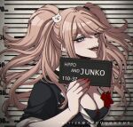  1girl :d artist_name bear_hair_ornament black_shirt blonde_hair bow breasts character_name cleavage criis-chan danganronpa:_trigger_happy_havoc danganronpa_(series) enoshima_junko grey_eyes hair_ornament hand_up holding holding_sign large_breasts meme nail_polish open_mouth red_bow red_nails shirt sign smile solo teeth twintails 