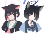  2girls absurdres animal_ears black_choker black_eyes black_hair black_jacket black_sailor_collar blue_archive blue_neckerchief cat_ears choker colored_inner_hair cropped_shoulders exiadoon extra_ears green_sailor_collar halo haori highres hood hooded_jacket jacket japanese_clothes kazusa_(blue_archive) kikyou_(blue_archive) looking_at_viewer multicolored_hair multiple_girls neckerchief parted_lips pink_eyes pink_hair pink_neckerchief sailor_collar short_hair sidelocks white_background 