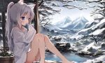 1girl ai-generated animal_ears auto_ins barefoot blue_eyes bucket cat_ears covered_mouth grey_hair highres lake long_hair long_sleeves looking_to_the_side mountain no_pants original ponytail shirt sitting snow tree white_shirt wooden_bucket 