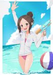  1girl :d absurdres alternate_hairstyle arm_up ball beachball blush brown_hair day hair_bun highres holding holding_water_gun karakai_jouzu_no_takagi-san long_sleeves one-piece_swimsuit oo_s outdoors pink_one-piece_swimsuit shirt smile swimsuit takagi-san wading water water_gun white_shirt 