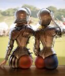  2girls absurdres armor ass blonde_hair blurry blurry_background breastplate day from_behind helmet highres knight light_brown_hair medium_hair multiple_girls original outdoors short_hair sitting wassnonnam 