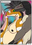  absurd_res anthro breasts comic dinosaur dromaeosaurid duo facial_piercing female hi_res male male/female mohawk nose_piercing nude piercing pregnant pregnant_female pupils rancid_(rex_equinox) reptile rex_equinox scalie slit_pupils tail_wrapping text theropod velociraptor 