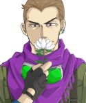  1boy ace_attorney amapoti_(amainu) black_gloves brown_eyes brown_hair datz_are&#039;bal earrings facial_hair fingerless_gloves flower gloves goggles goggles_around_neck holding holding_flower jewelry male_focus phoenix_wright:_ace_attorney_-_spirit_of_justice purple_scarf scarf short_hair solo stubble suspenders upper_body white_background 
